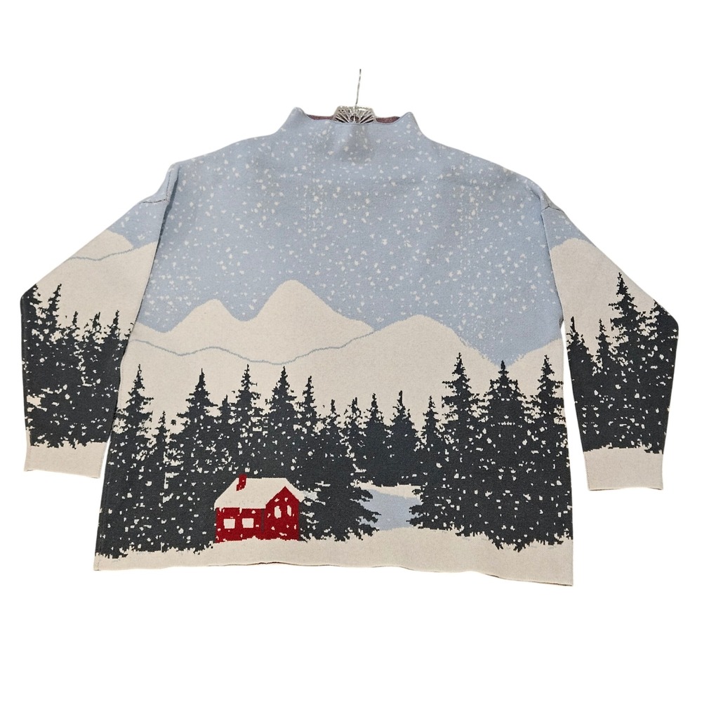 Tahari Sweater Womens 2X Blue Scenic Winter Mountain Cabin Mock Neck Knit Top